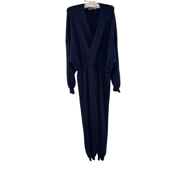 ZARA Navy Blue Jumpsuit Ribbed Knit Wrap V-Neck Casual Drop Shoulder M Medium - Picture 2 of 9